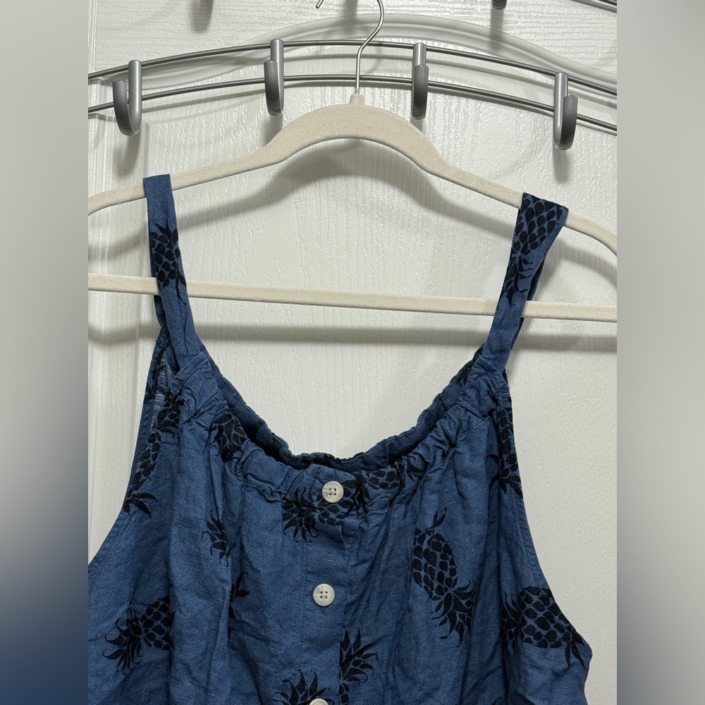 GAP Button Front Tank Top Linen Blend Women's XL Blue Pineapple Tropical Beach - Picture 5 of 15